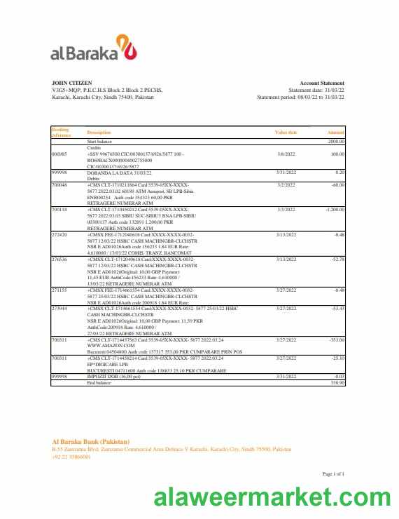 Pakistan Al Baraka bank statement Excel and PDF template